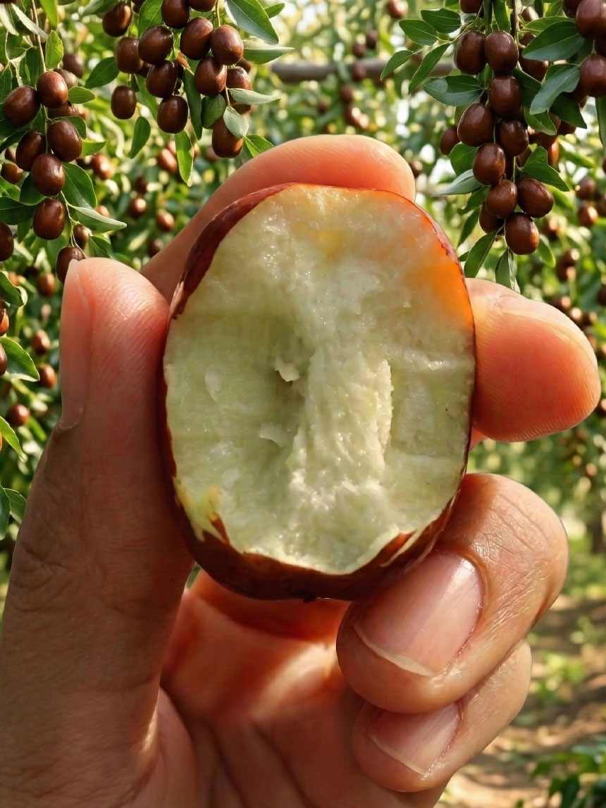 
대추나무 밭에서 방금 딴 대추를 한 입 베어 물고 찍은 모습